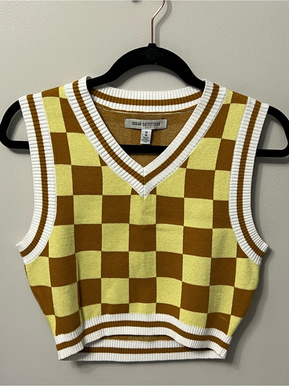 Urban Outfitters Yellow & Brown Checkerboard V-Neck Sweater Vest